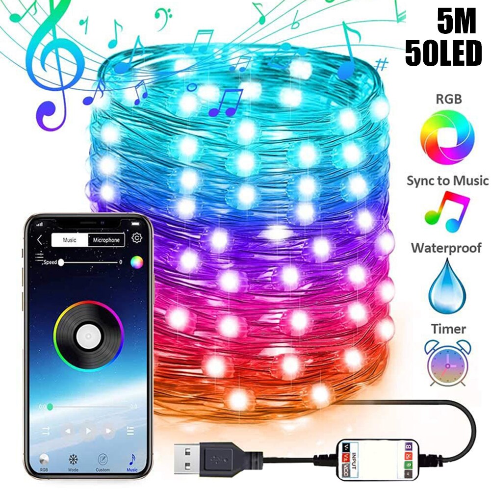 Usb led string ljus bluetooth kontroll gatugirland string lampa vattentät utomhus älvljus för julgransdekoration: 5m 50 ledsnöre