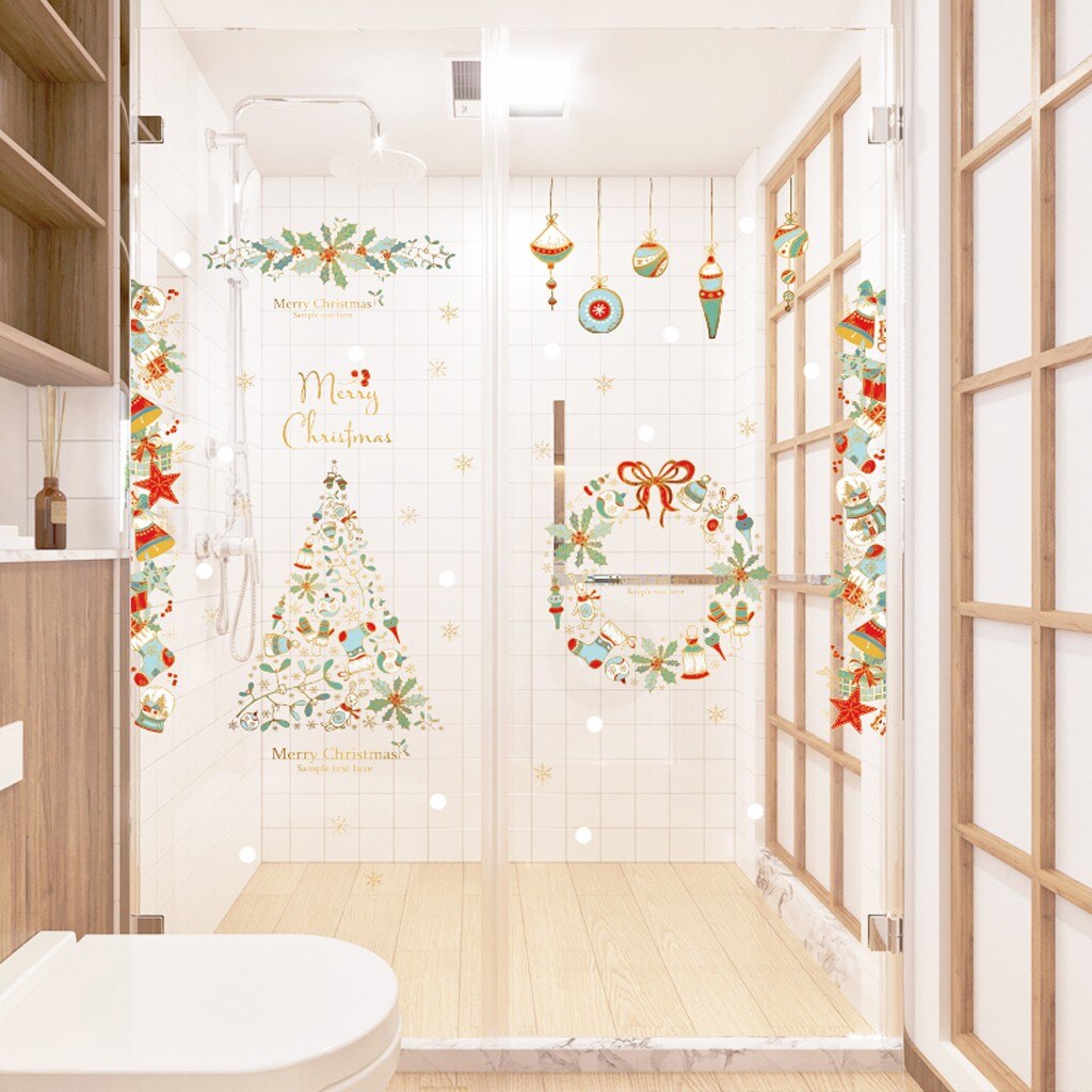 Christmas Printed Wall Sticker Wreath Christmas Tree Household Window Room Wall Sticker Mural Decor Decal Removable Window Decor