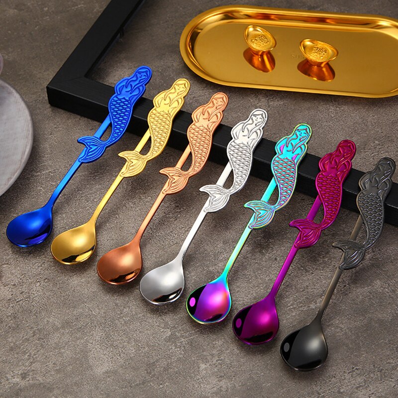 Stirring Spoon Coffee Spoon Kitchen Tea Milk Teaspoons Stainless Steel Cartoon Mermaid Shaped Kitchen Spoons Drinks Tableware
