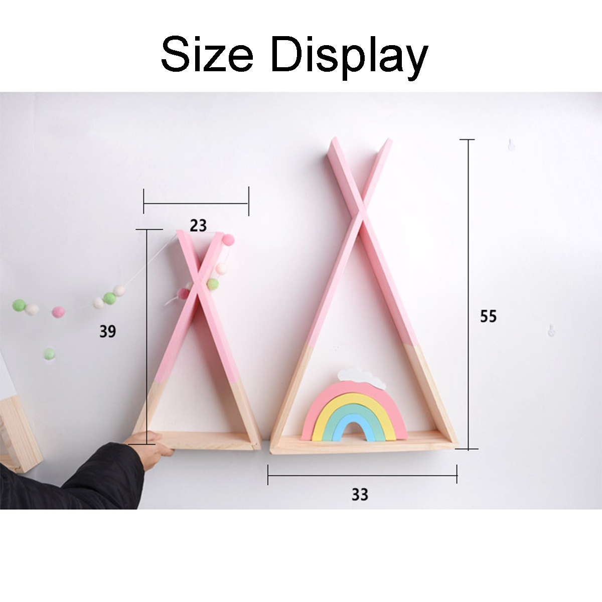 Vitrina de madera con marco triangular de pared, soportes de almacenamiento, estantes, decoración para sala de estar, dormitorio, niños, estante de almacenamiento en habitación