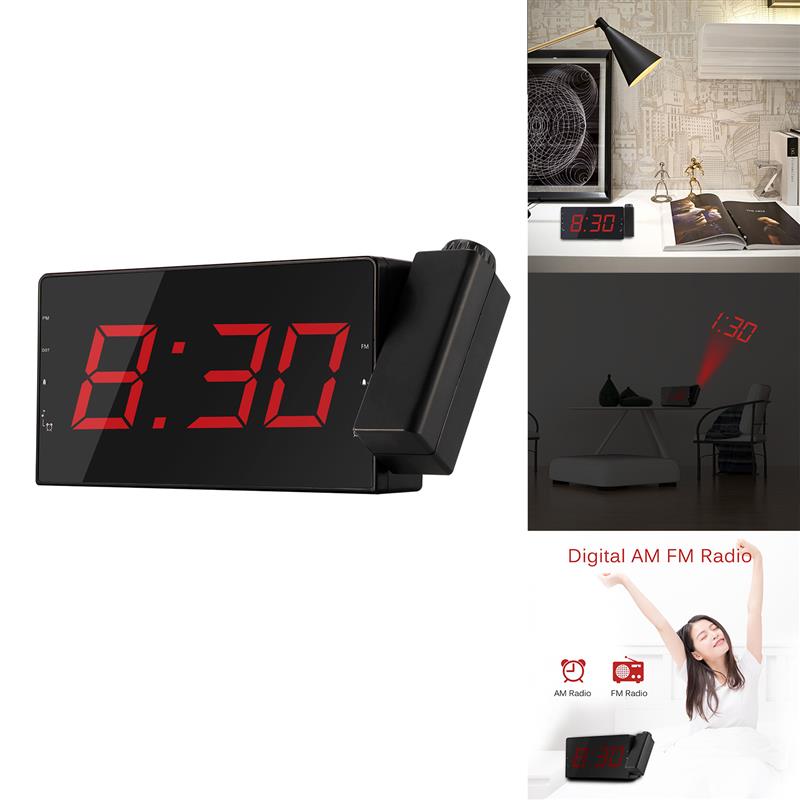 180 Degree Table Wall Digital Projector Radio Alarm Clock Snooze Timer Temperature LED Display USB Charging Cable FM Radio Clock