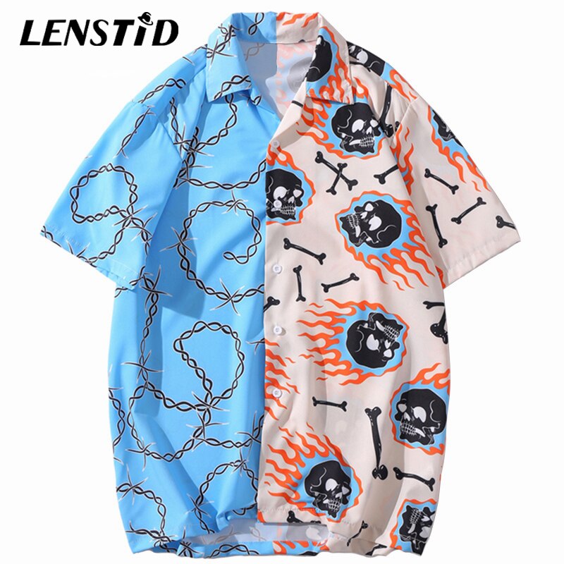 LENSTID Hip Hop Fire Skull Chain Print Shirt Streetwear Harajuku Men Hawaiian Beach Shirt HipHop Summer Short Sleeve Shirts