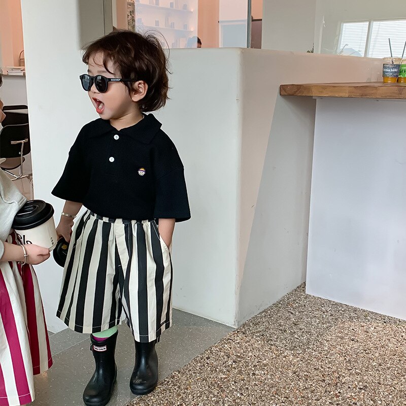 2117B 2022 Summer Girls Boys pantaloni a righe lunghezza media tasca grande bambino coreano pantaloni per bambini gamba larga allentata: Black / 80 for 1Y