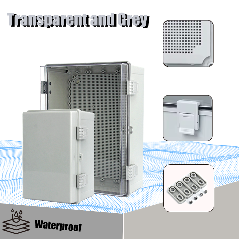 Caja de sellado electrónico impermeable para exteriores, carcasas ABS de distribución de cubierta gris/transparente IP66 con hebilla, caja de conexiones de plástico
