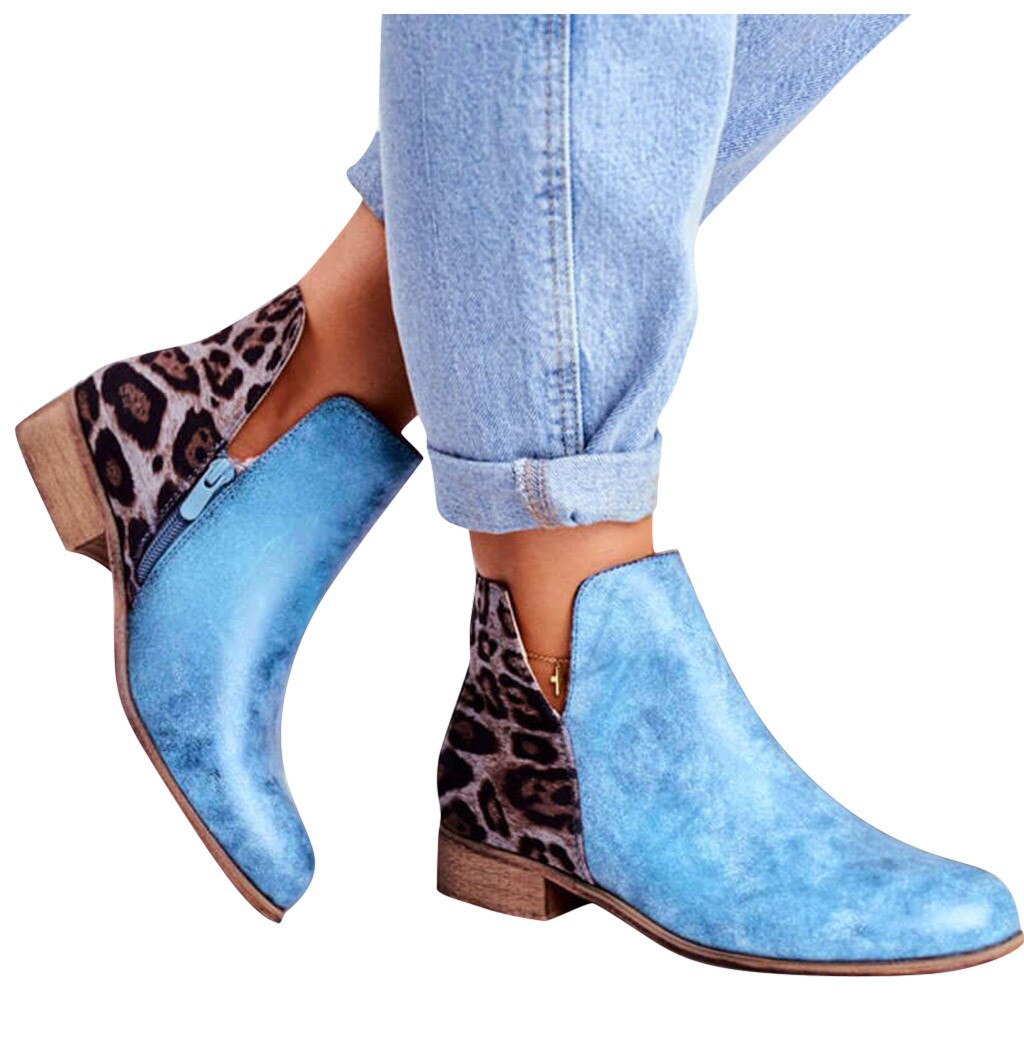 Vrouwen Mode Leopard Serpentine Laarzen Dames Outdoor Vierkante Hakken Schoenen Laarzen Pu Patchwork 3 Kleur Enkellaarsjes