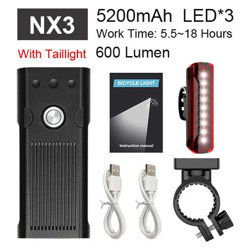 Newboler 5200 mah krachtige fietslamp 3 led aluminium usb fiets koplamp set regenbestendige mtb voorlamp fietslamp powerbank: Nx3 sets