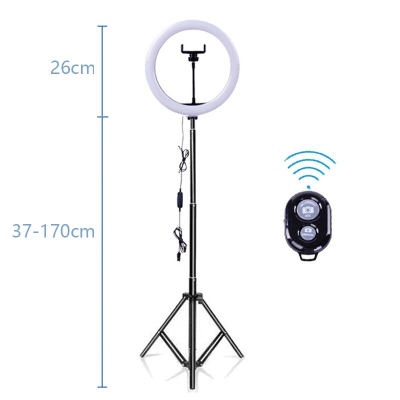 Anillo de luz con trípode para selfi, lámpara de anillo redondo de 26 cm, luz Led para teléfono, iluminación de luz derecha para sesión de fotos, Bering: 170cm