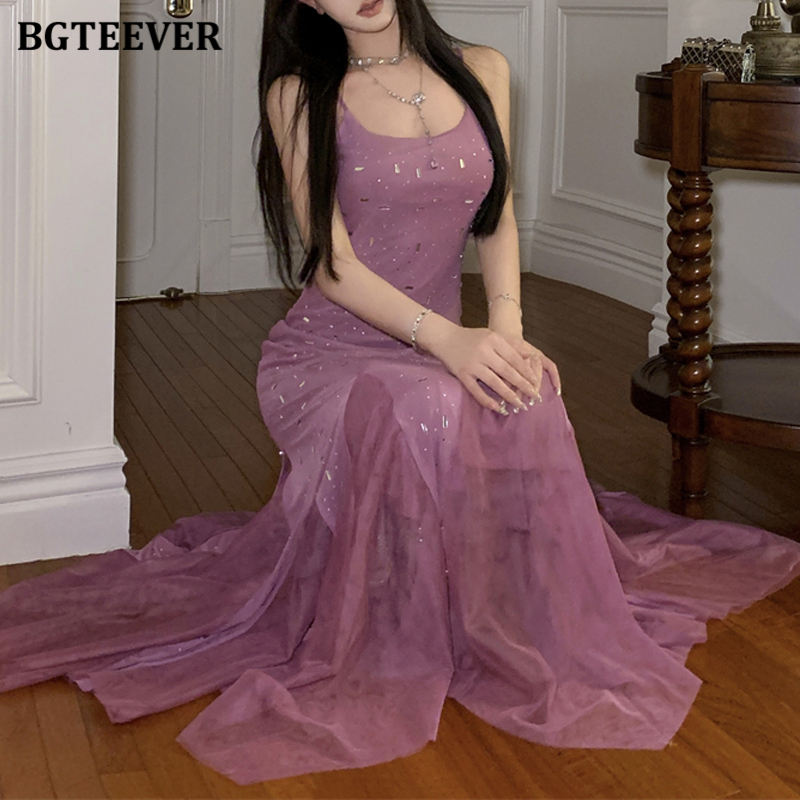 BGTEEVER Women Sleeveless Mermaid Dress Summer Slim Waist Female Spaghetti Strap Package Hip Dress Ladies Vestidos