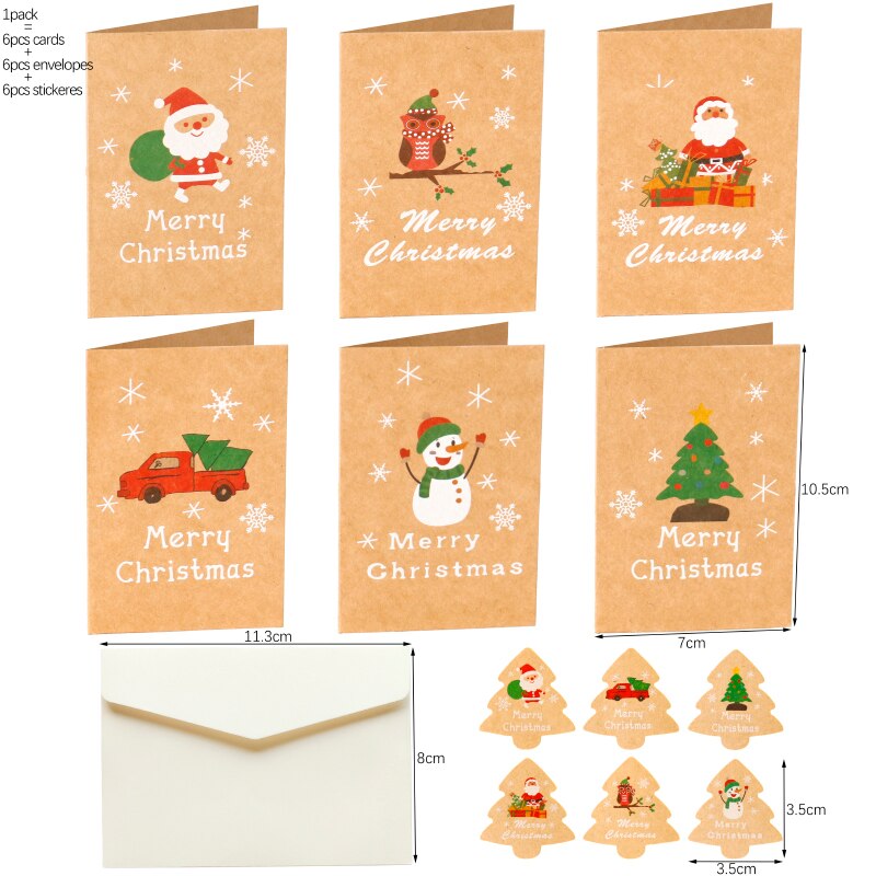 6Sets Kraft Kaarten Vrolijk Chritmas Wenskaarten Nieuwjaar Met Envelop En Xmas Tree Stickers Leuke Ontwerpen: Christmas