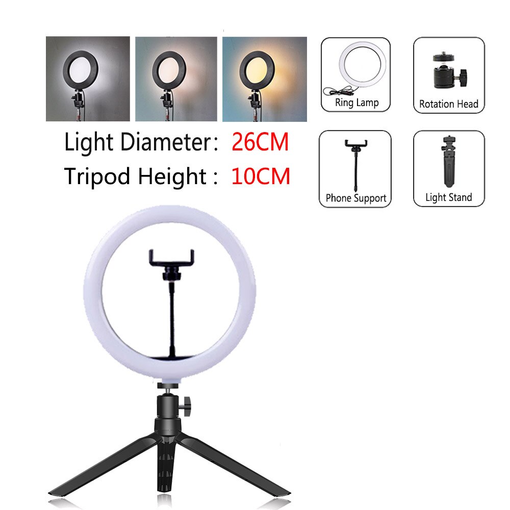 Dimmable LED Ring Light with Tripod USB Ring Lamp Photography Selfie Light Ring Tripod with Lamp Ringlight Ring Light Tripod wit: RLamp001-26CM-T10