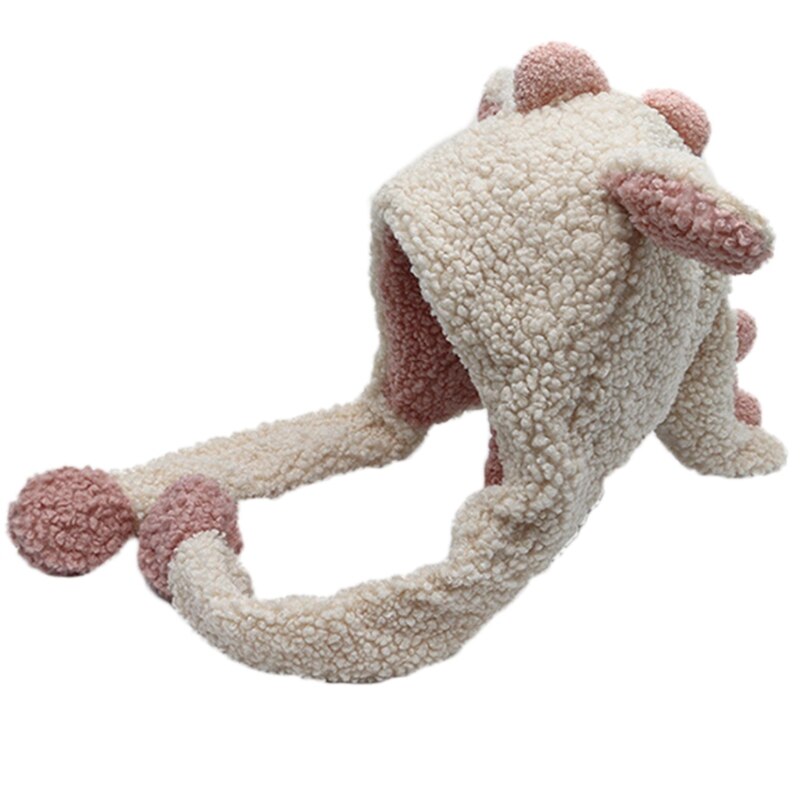 896E Kawaii Cartoon Dinosaur Movable Ears Hat Women Cute Warm Thick Warm Hoodies Neck Scarf with Windproof Winter Autumn: Beige