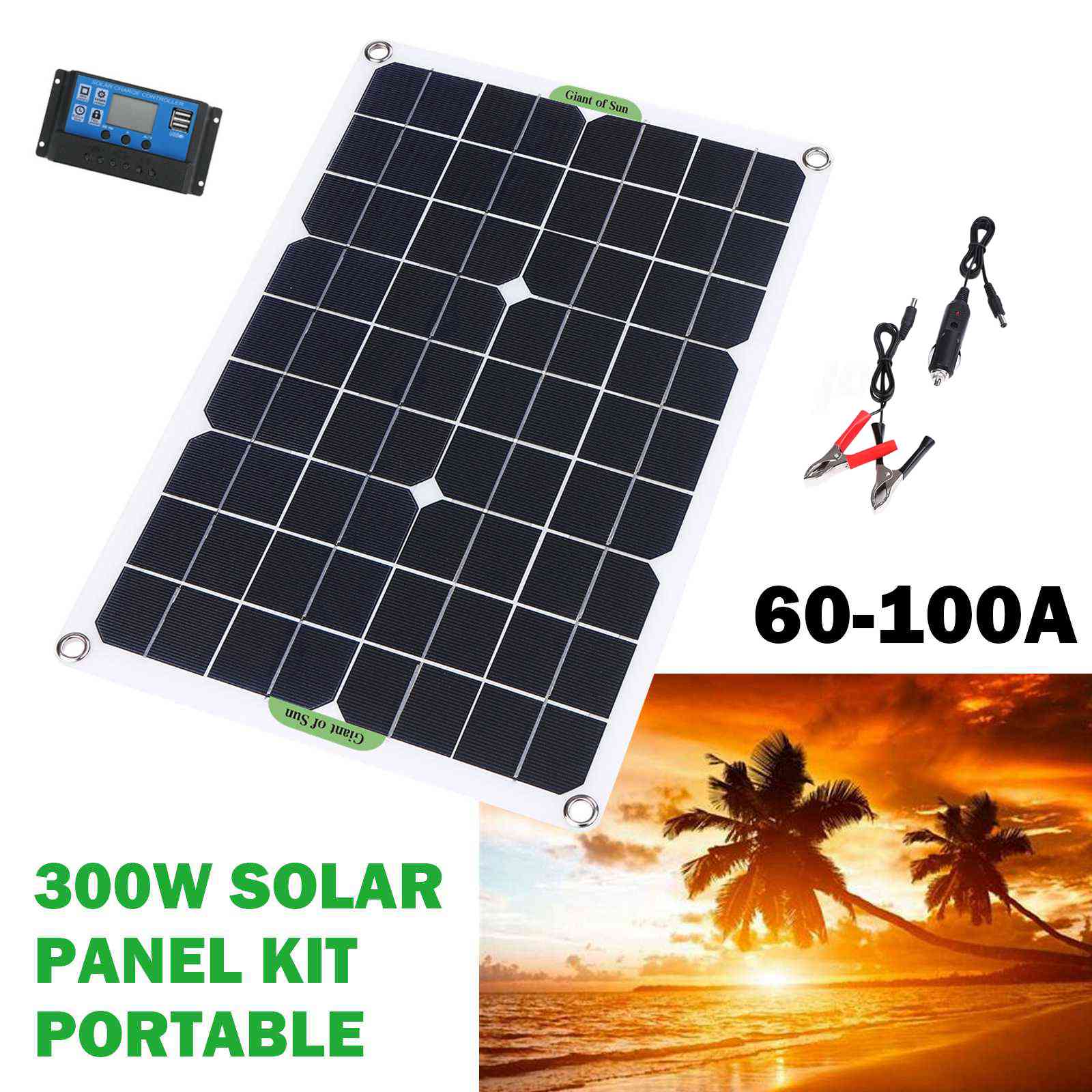 300W Solar Panel Kit Portable 60-100A Solar Energy Generator Power Bank Camping Car Battery Charger System