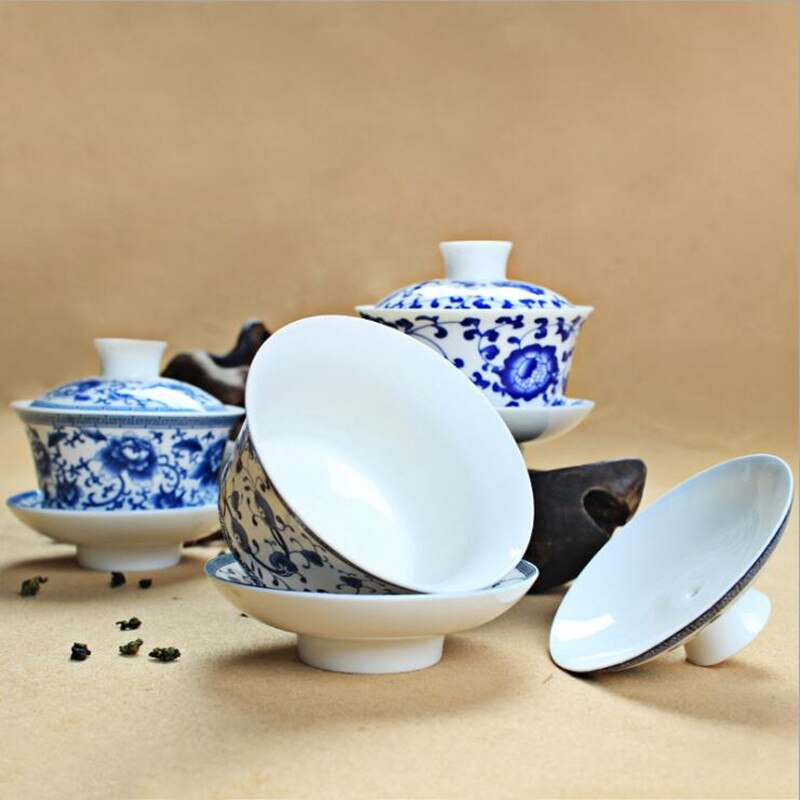 Bol à thé KungFu chinois bleu et blanc | Service à thé bleu et blanc de grande capacité de 300ml, théière Gaiwan, bol de couvercle en céramique, Service à thé