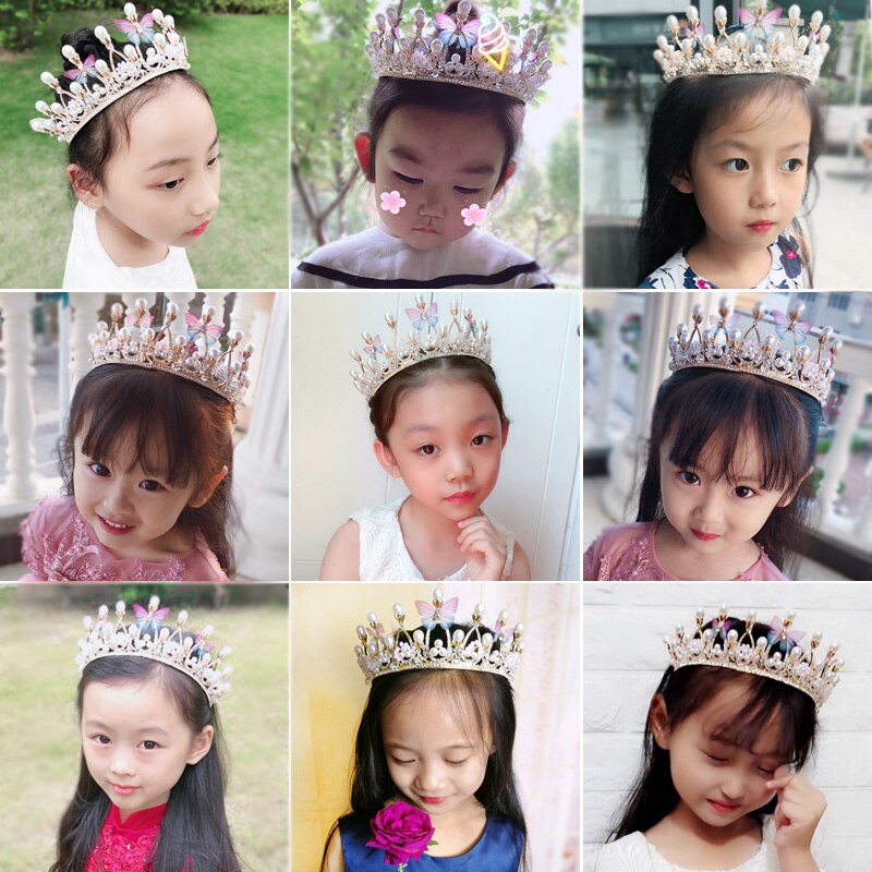 Goud Kleur Tiaras En Kronen Vlinder Parels Crystal Handgemaakte Kinderen Kroon Fotografie Party Voor Kinderen Vrouwen Prinses Diadems