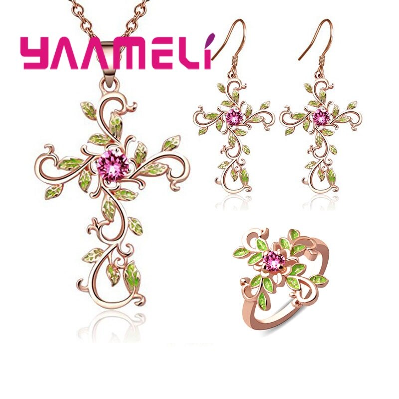 1 Set Crystal Bloem Ketting Hangers 925 Sterling Zilveren Kruis Sieraden Set Voor Vrouwen Boho Vintage Sieraden: Style1 rose gold