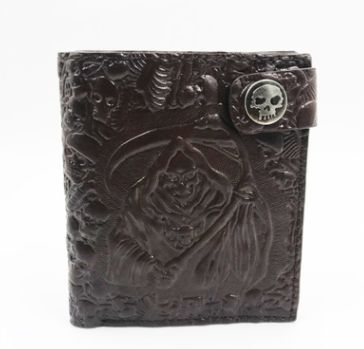 Punk Style Devil Skull Head Short Purse Embossed Leather Men Wallet Boys Rock Biker Snap Hasp Card Holder Clutch Wallets: Coffee short purse