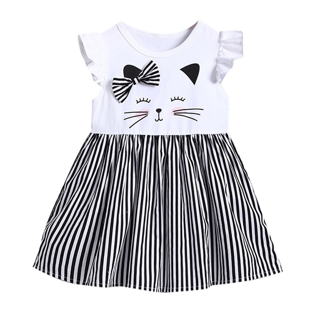 2022 sommer småbørn barn baby pige ærmeløs kat printet stribet prinsessekjole tøj gratis skib vestido: 18-24m