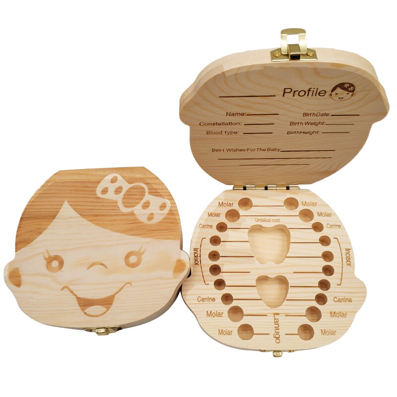 Wooden Baby Kids Tooth Storage Box English Milk Teeth Umbilical Lanugo Organizer Keepsakes Save