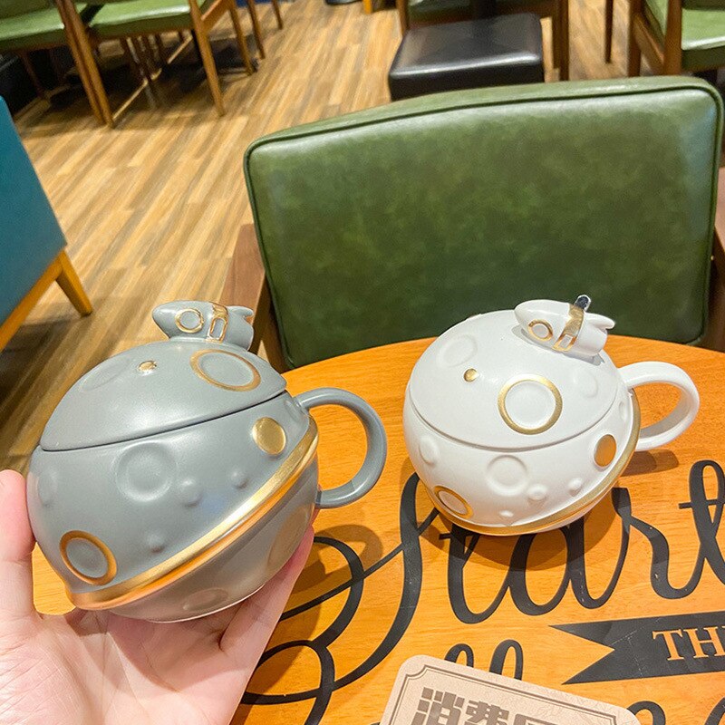 440ML Planet Cup Ceramic Mug with Lid Drinking Cup Spoon Home Coffee Cups Cute Coffee Mugs and Cups