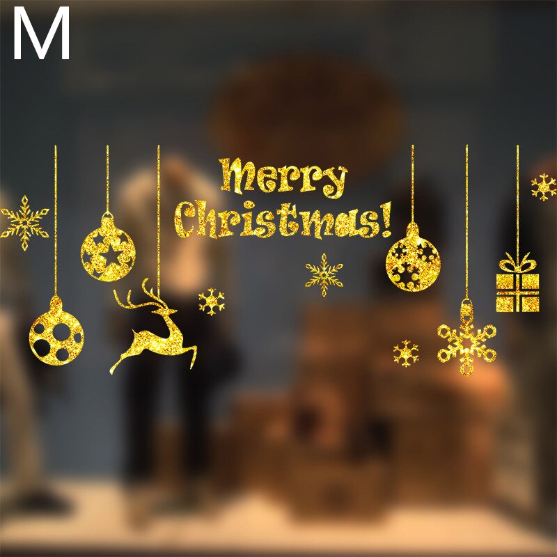 Glänzende Gold Weihnachten Baum Fenster Aufkleber Santa Fahrt Weihnachten Girlande Zauberstab Decals Neue Jahr Schaufenster Aufkleber Schneemann Wohnkultur: M
