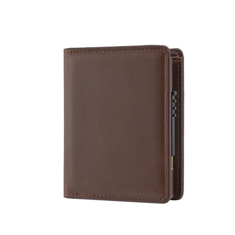 RFID Blocking Wallets Men Credit Card Holder Aluminum Alloy Business ID Card Case Automatic Male Metal Leather Cardholder Wallet: Light Brown