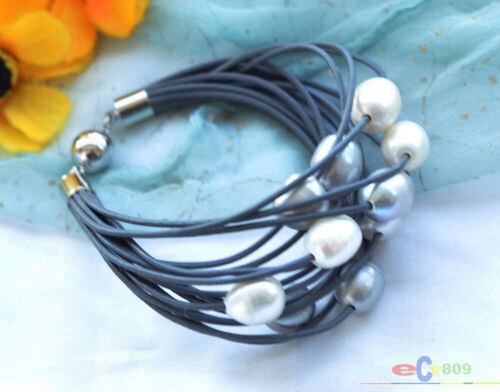 La modo et de la modo 15row 8 "13mm perle de blanche de riz noir pulsera en cuir