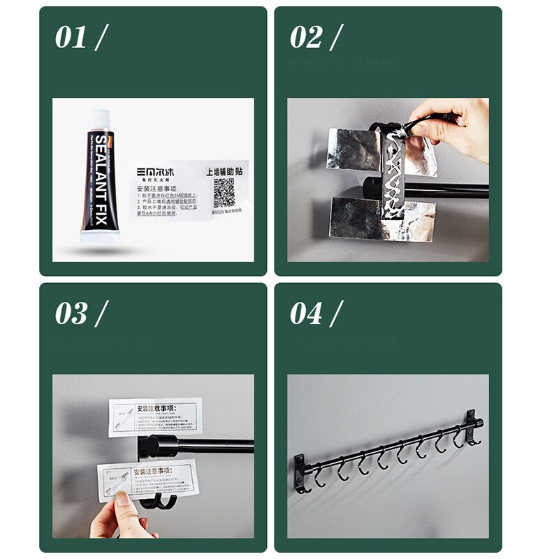 Kitchen Utensil Hook Rack Aluminum Wall Mounted Pantry Tool Holder Black Bathroom Sundry Hook Hanging Rod Shelf Organizer