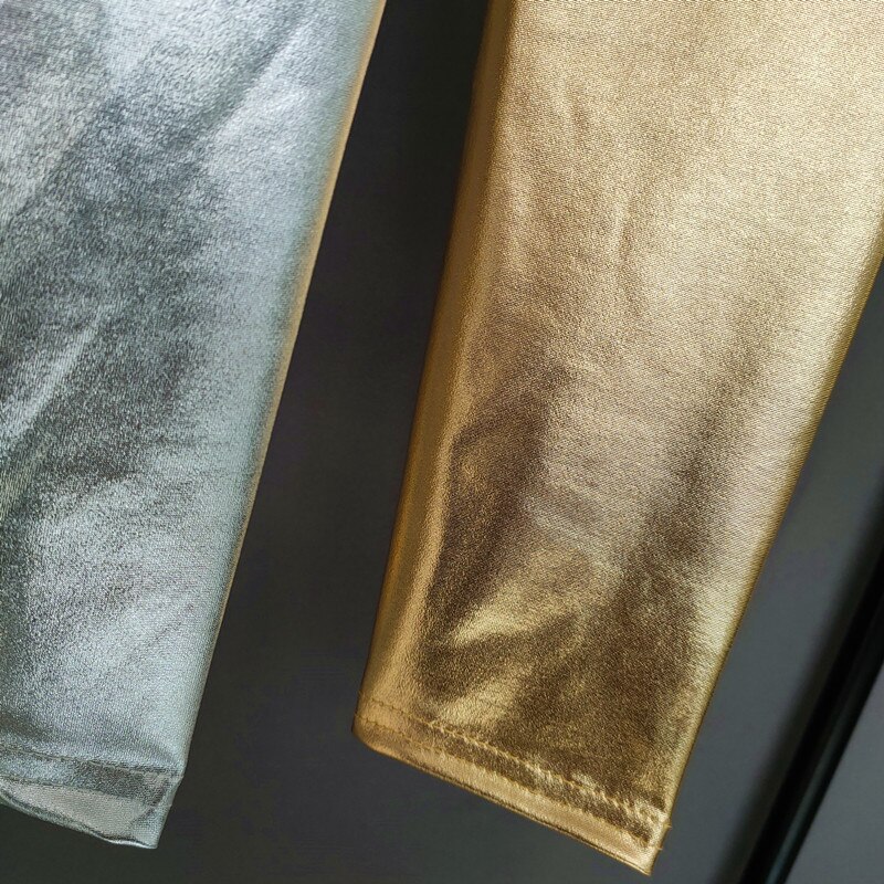 Złoto srebrne spodnie dla dzieci dziewczyny wiosna jesień dzieci elastyczne Faux skórzane legginsy smukłe spodnie ołówkowe dziewczyny legginsy