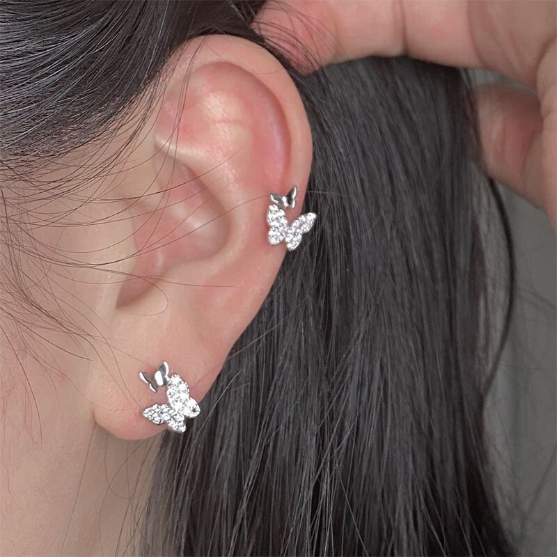 Goud Zilver Kleur Rhinestone Vlinder Wing Stud Oorbellen Vrouwen Leuke Kleine Crystal Metal Earring Koreaanse Party Sieraden