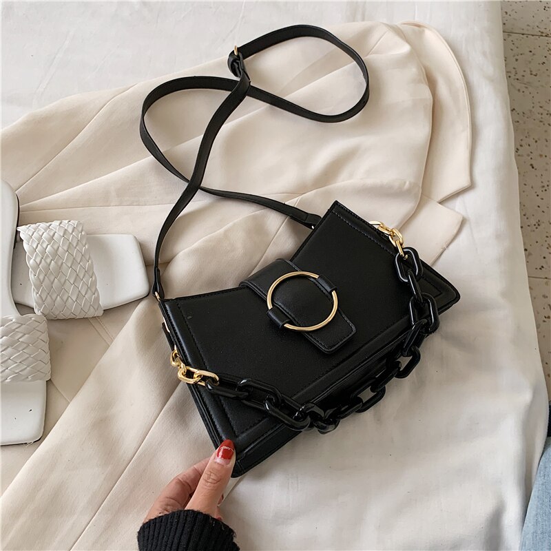 Women's PU Leather Shoulder Bag - Small Crossbody Purse with Chain - Fashionable Casual Tote: Black