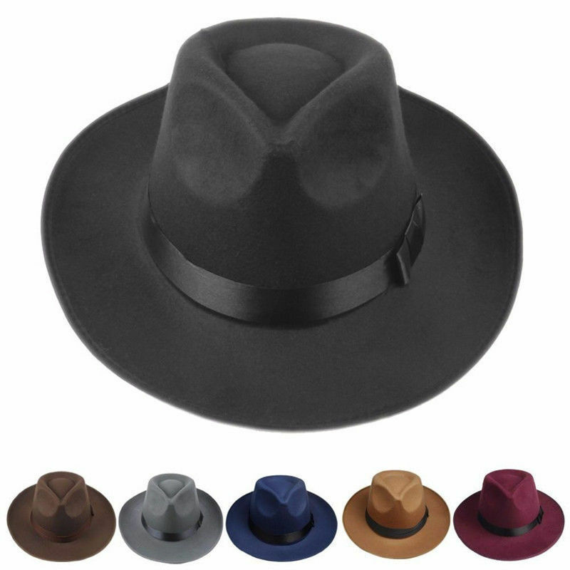 Vintage Men Women fedora derby bowler wool sun-shade brim Belt Felt Hat Wide Brim Fedora Trilby Panama Hat Gangster Cap