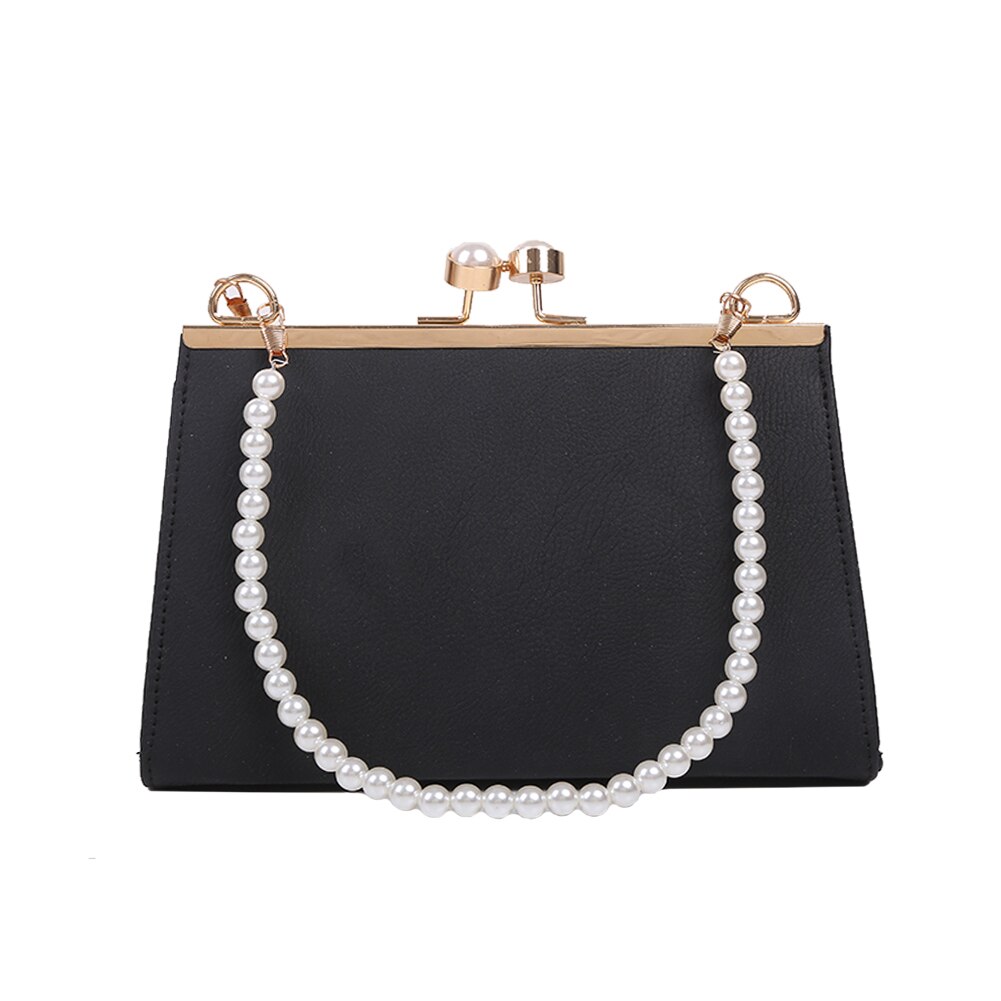 Casual Pu Lederen Vrouwen Schoudertassen Vrouwelijke Parel Handtassen Dames Mode Effen Kleur Schouder Crossbody Tassen: Black