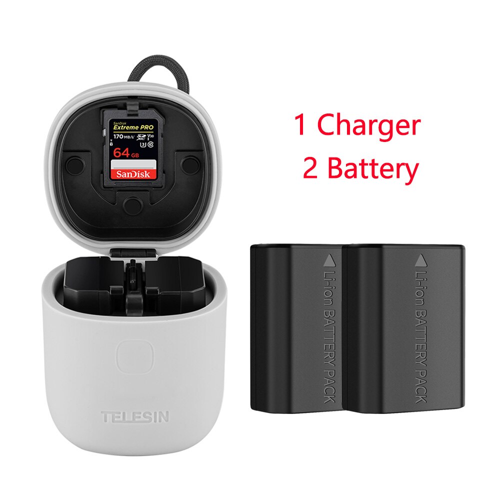 Telesin 2 pack np -fz100 battery  + 3 in 1 dual slots charger sd card reader oppbevaringsboks for sony  a9 a7 m 3 a7 r 3 a7 r 4 a7r iii ilce -9