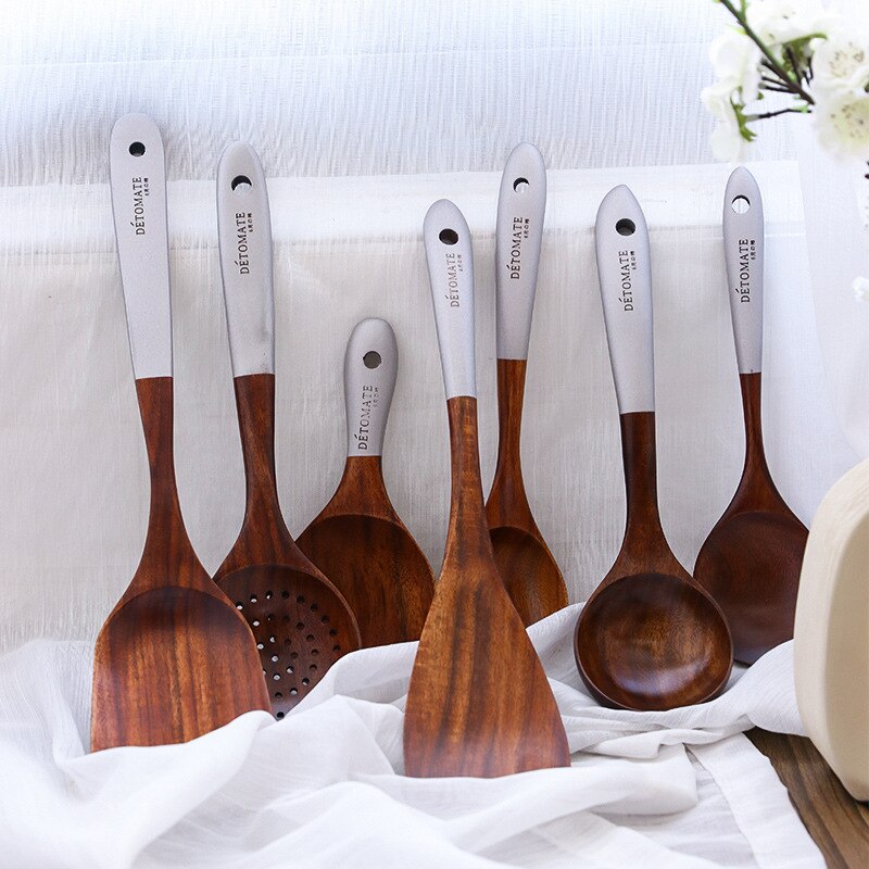 Retro Wood Cooking Utensils Set Heat Resistant Kitchen Non-Stick Cooking Utensils Baking Tools for Tableware Household