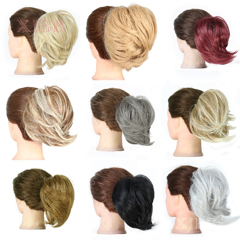 Xjbb syntetisk hår knold lige elastik hår extensions scrunchies donut chignon kort hestehale til kvinder