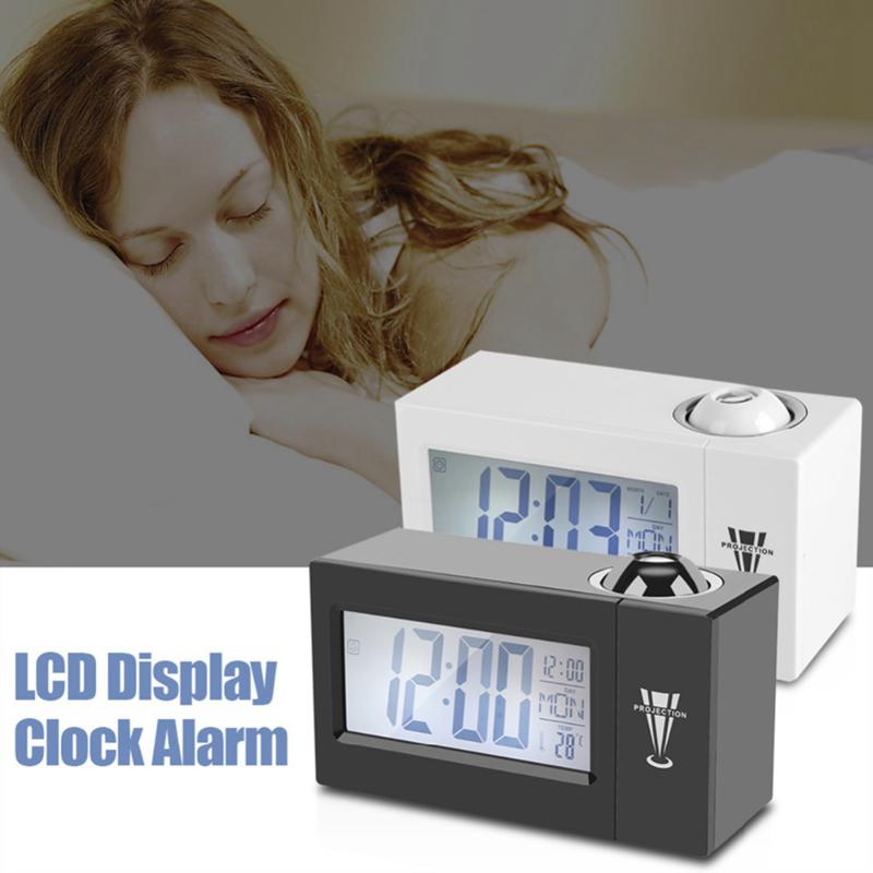 Lcd Screen Digital Led Projection Alarm Clock Calendar Temperature Humidity Wake Up Snooze Function Table Desk Clock Night Lig