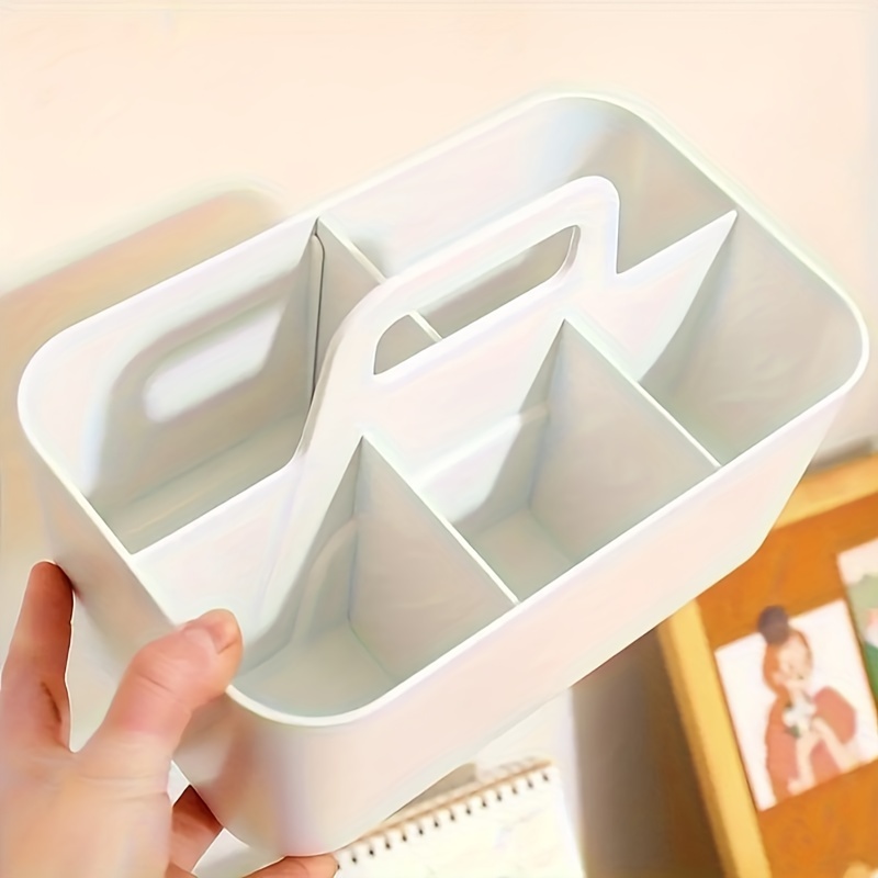 Cesta de almacenamiento de plástico con asa, caja de almacenamiento portátil para lápices y papelería, organizador de clasificación de escritorio con 5 compartimentos