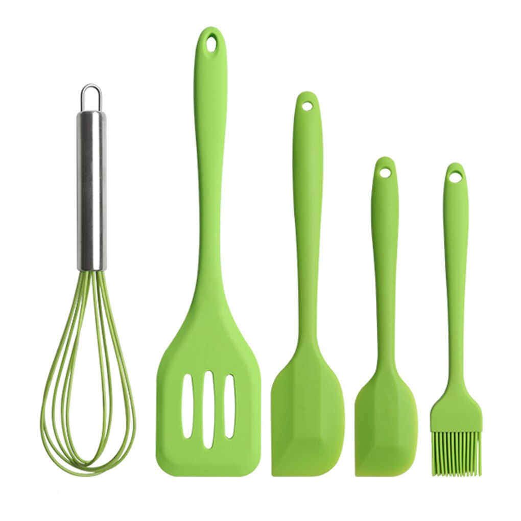 5pcs Kitchen Ware Set Silicone Scraper Oil Brush Egg Whisk Spatula Cooking Utensil Multipurpose Kitchen Cake Tool Set: green