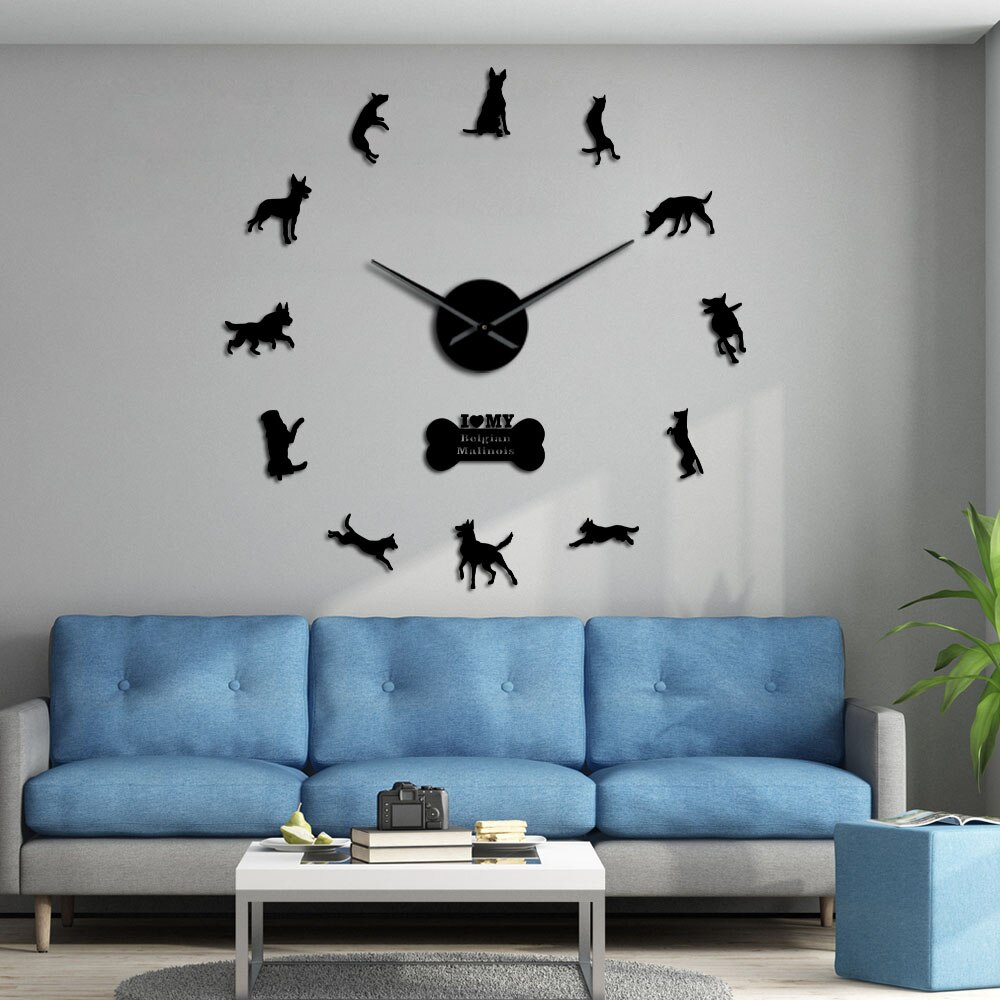 Belgian Shepherd 3D Clock K9 Security Dog Malinois Large DIY Wall Watch Animals Silhouette Acrylic Mirror Sticker