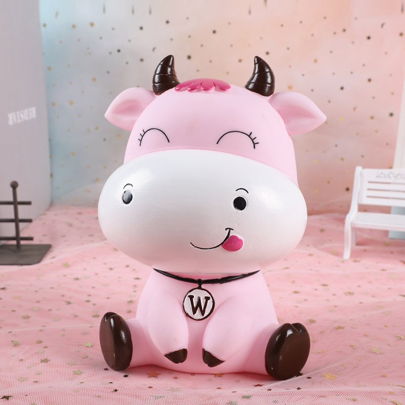 Lovely cartoon cow piggy bank -proof children can save Year of the Ox piggy bank for boys and girls ornaments: Small(pink)squinting