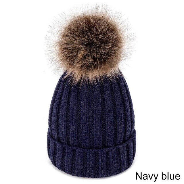 Evrfelan Bommel Wolle Winter Hütte Frauen Gestrickte Dicke Mütze Hüte für Damen Warme Schädeldecke Beanies Mädchen Motorhaube Gorro: Marine Blau