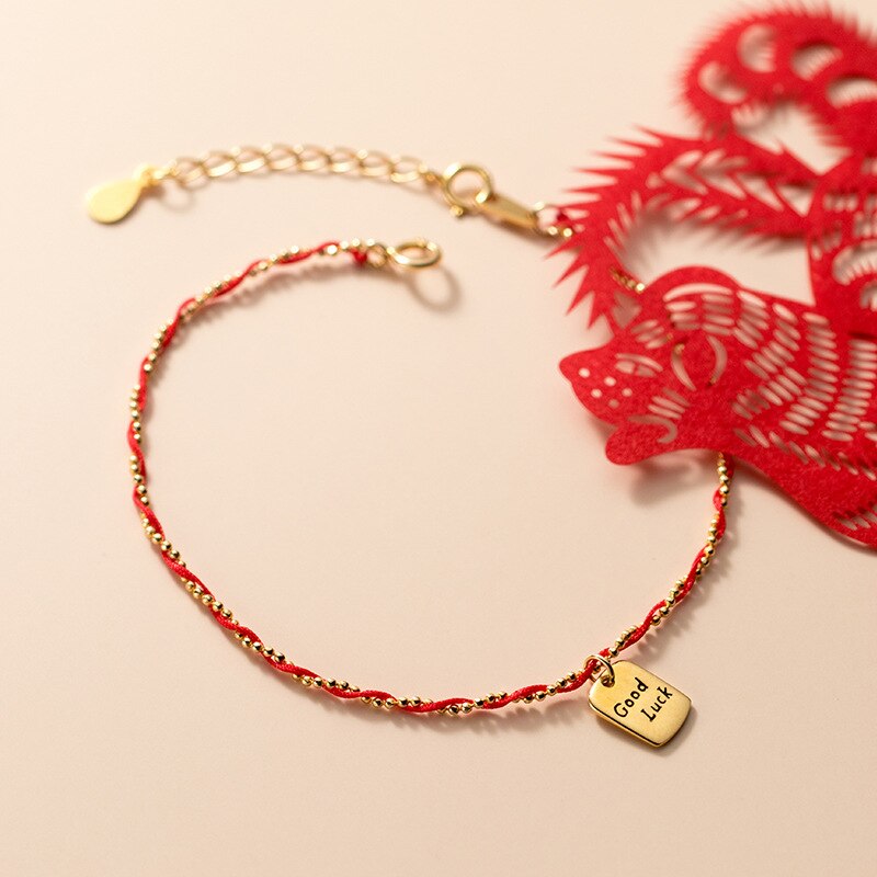 Pulseira de corda de prata esterlina 925, para mulheres, corda de fio vermelho com letra e boa sorte, 925