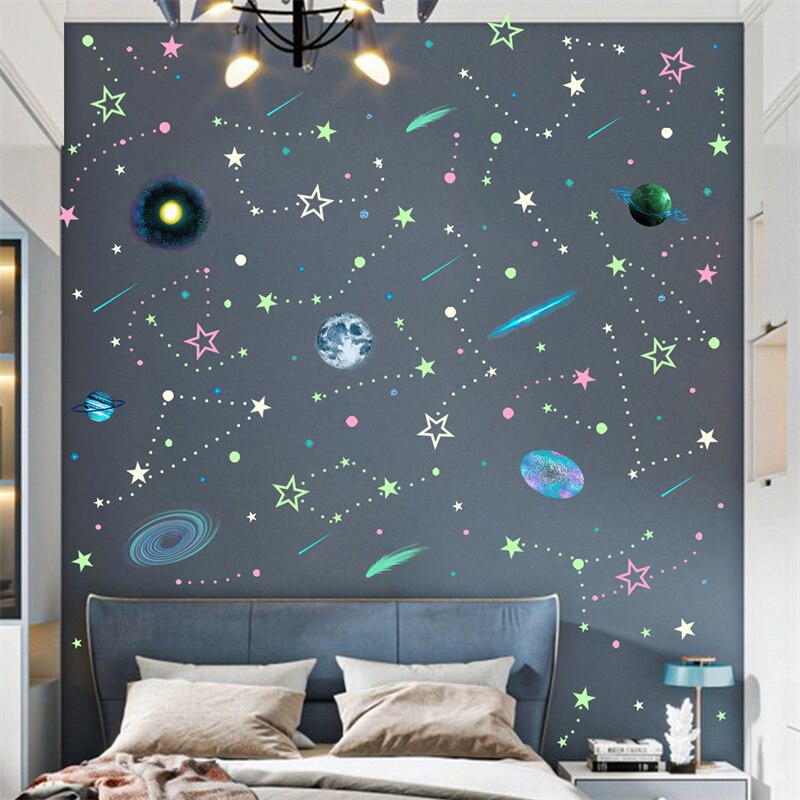 Glow in The Dark Planets Wall Stickers Kids Bedroom DIY Luminous Stars Decals Mural Self-adhesive Room Ceiling Aesthetic Decor