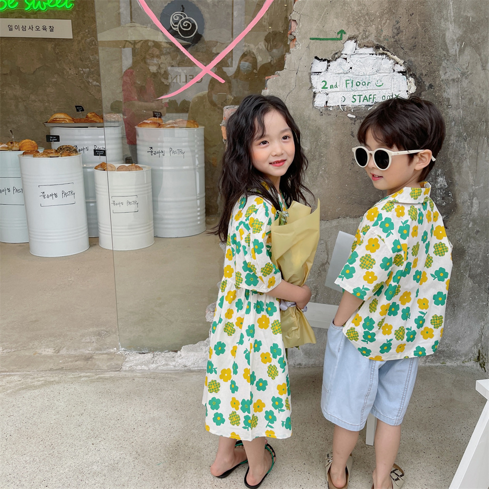 1835C Kinderen Shirt Broer Zus Kleding Jongen Korte Mouwen Shirts Zomer 2022 Bloemen Kinderen Dunne Shirts blouse