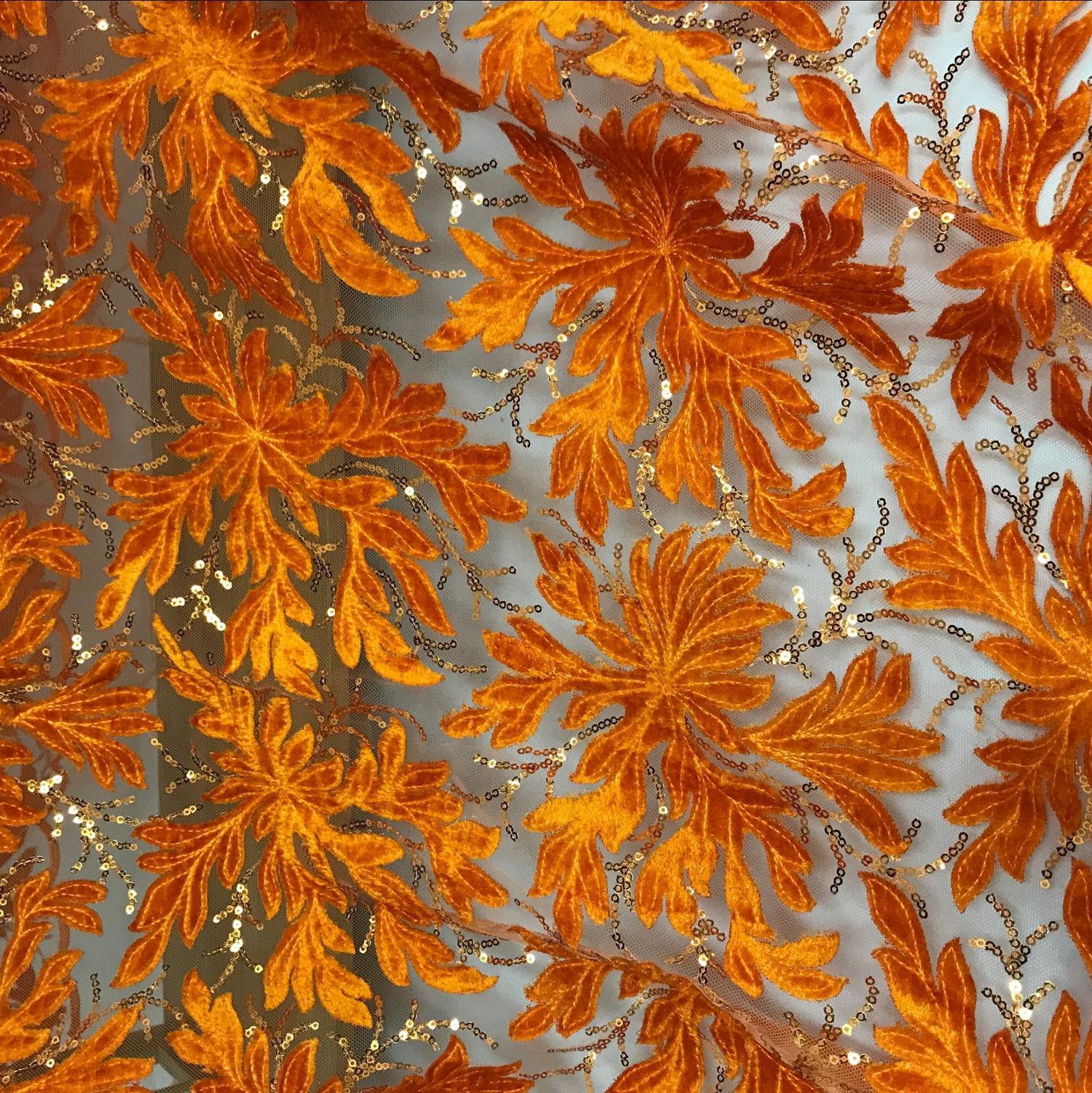 1 Yard Gold Maple leaf velvet lace Fabric With Sequins All around lace for Prom party Dress