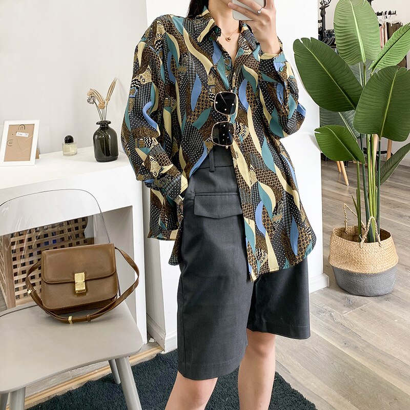 Kesäinen geometrinen printti paitapusero naisten rento käännettävä kaulus kokohihainen sifonkipaita crriflz