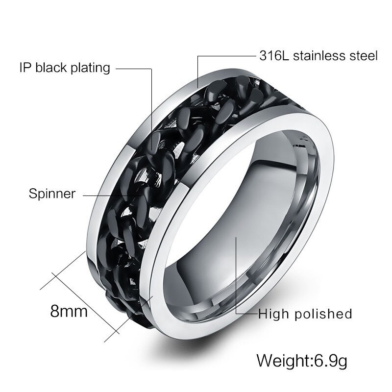 Punk Rock Men Spinner Ring Titanium Stainless Steel Gold Black Chain Rotable Rings For Women Accessories Size 6-10