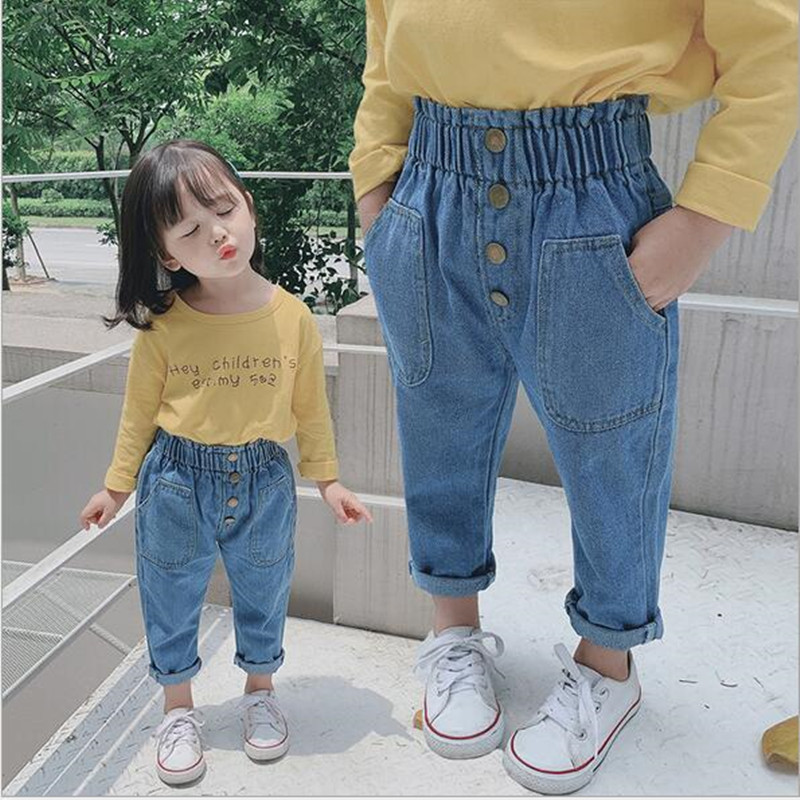 2022 Autumn Baby Girls Denim Pants Children Kids Solid Jeans High Waist with Bottons Cute Girls Jeans