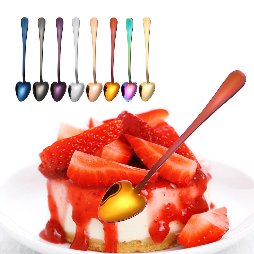 Multicolor Heart Shape Stainless Steel Spoon Small Dessert Tea Coffee Sugar Honey Ice Cream Scoop Kitchen Tableware Flatware