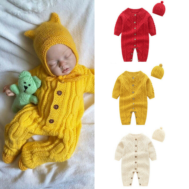 Nyfødt baby pige dreng sæt strikket knap romper jumpsuit hat 2 stk efterår vinter varmt tøj baby solide tøj 0-18m